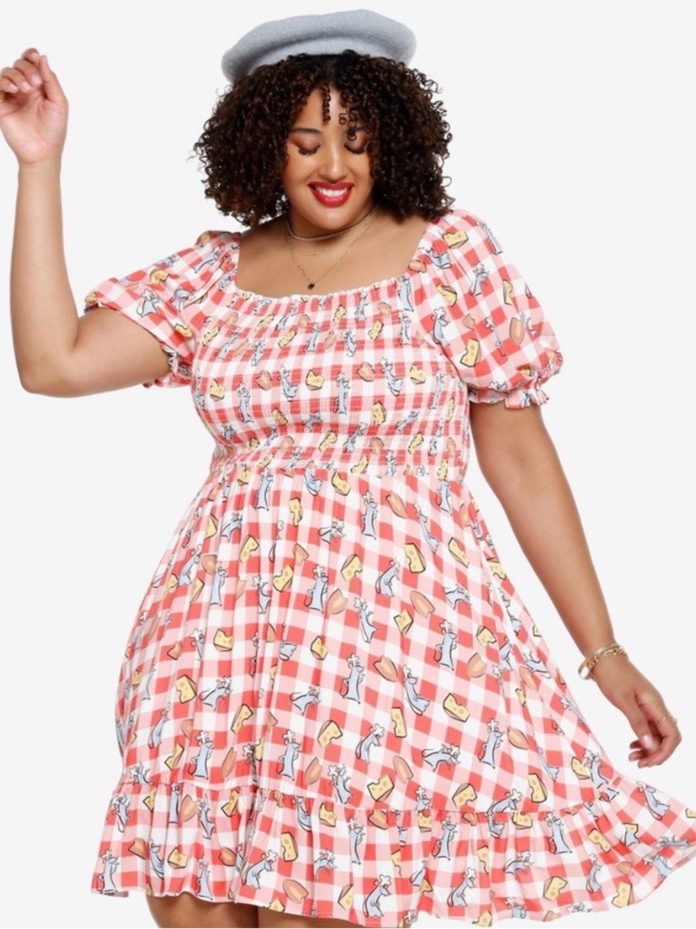 Her Universe Pink Gingham Puff Sleeve Dress with Character Print